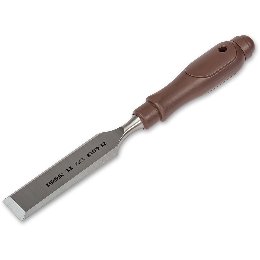 A single wood chisel with a brown molded handle and a silver steel blade, shown on a plain white background. The blade is engraved with the brand 'NAREX' and model '8109-32'.