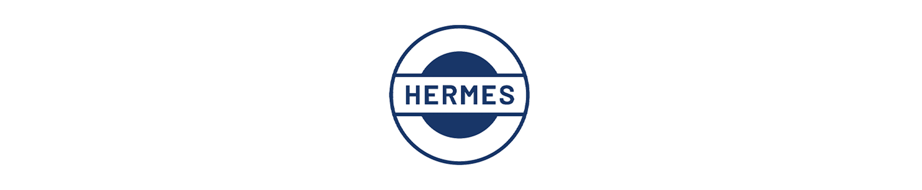 A circular navy blue and white Hermes logo emblem centered on a plain white background.