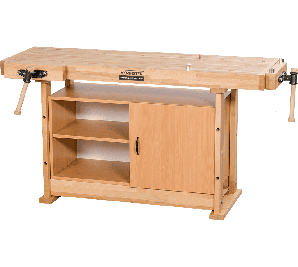 An AMMINSTER wooden workbench with a light natural wood finish, featuring a top work surface with clamps on both ends, a cabinet with two shelves, and a door. The AMMINSTER brand logo is visible on a small plaque on the front.