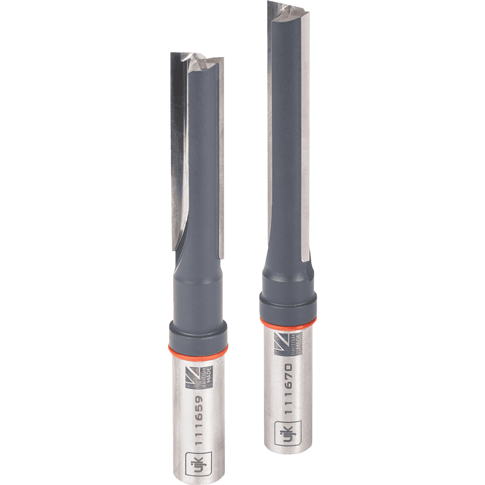 Two metal router bits with grey fluted shanks, silver cutting edges, and orange accent rings, shown on a plain white background.
