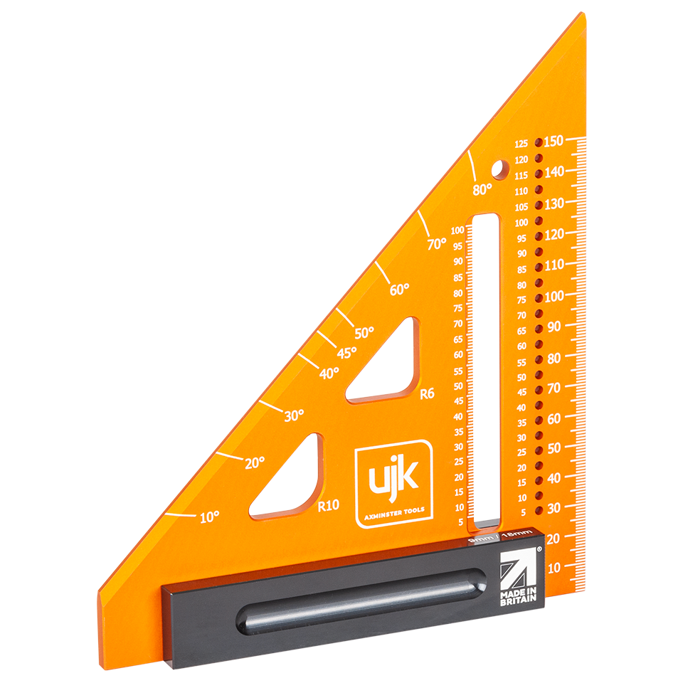 An orange triangular square ruler by UJK, featuring angle markings from 10 to 150 degrees, a ruler scale, and a black leveling bubble vial on a white background.