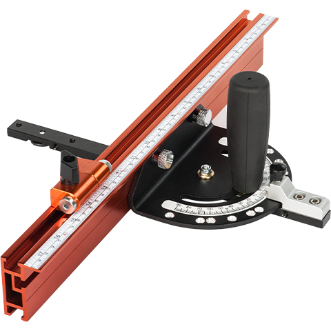 An aluminummitre gauge with an orange anodized aluminum rail, a black handle, a black base, and white measurement markings.