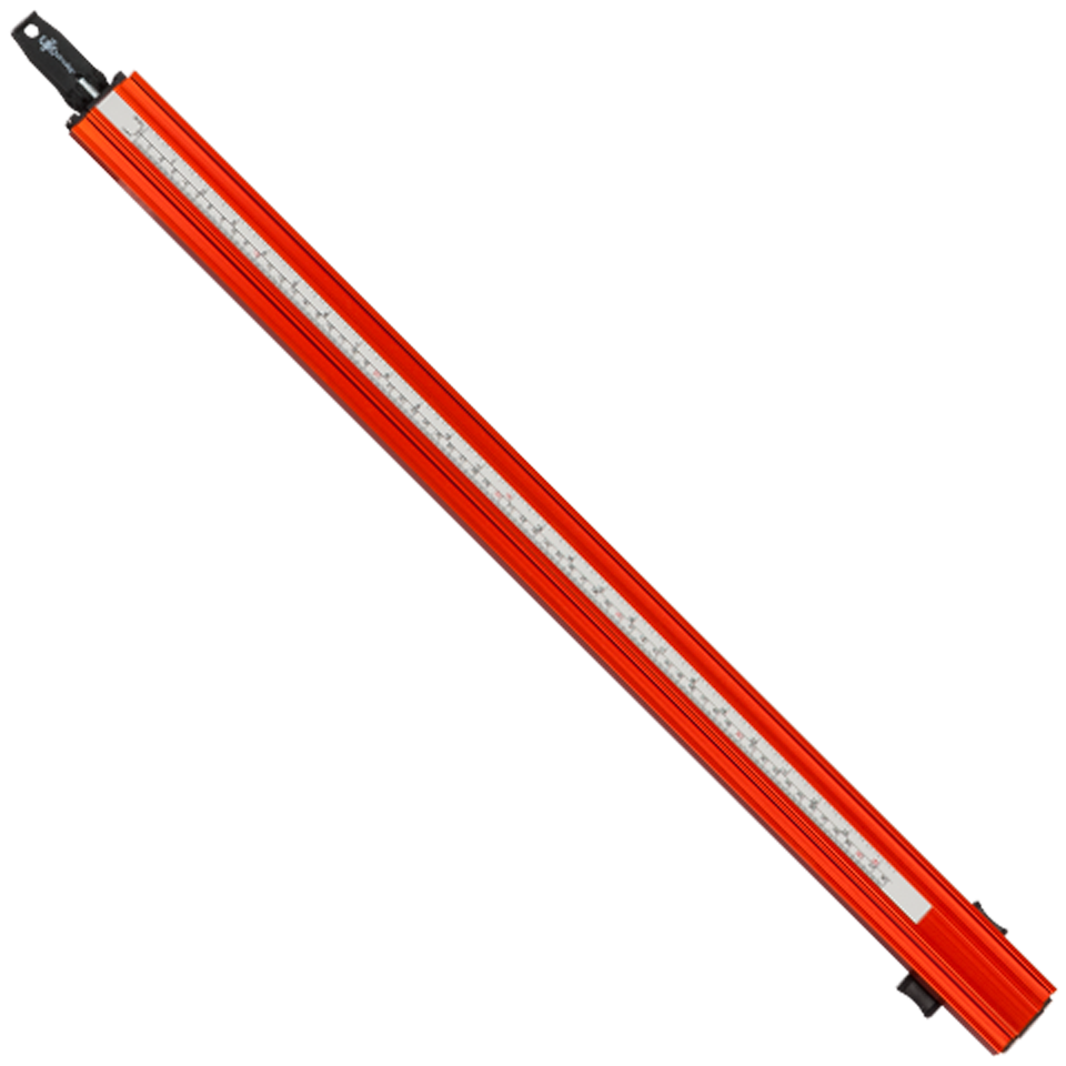 A long, narrow orange linear clamp with black mounting hardware, shown diagonally on a plain white background.