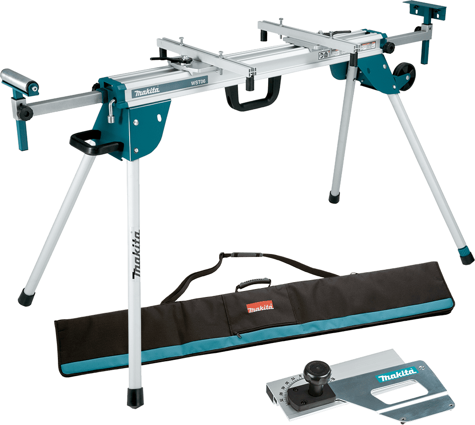 Makita M12 track saw guide kit with a silver and teal track saw stand, a black and teal carrying case, and a metal guide plate on a white background.