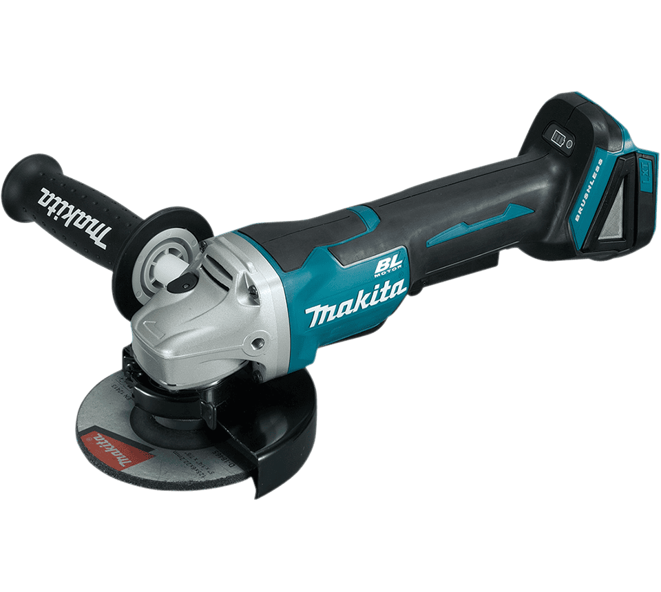 Makita BL cordless angle grinder with a black and teal body, silver metal housing, and a circular guard, shown on a plain white background.