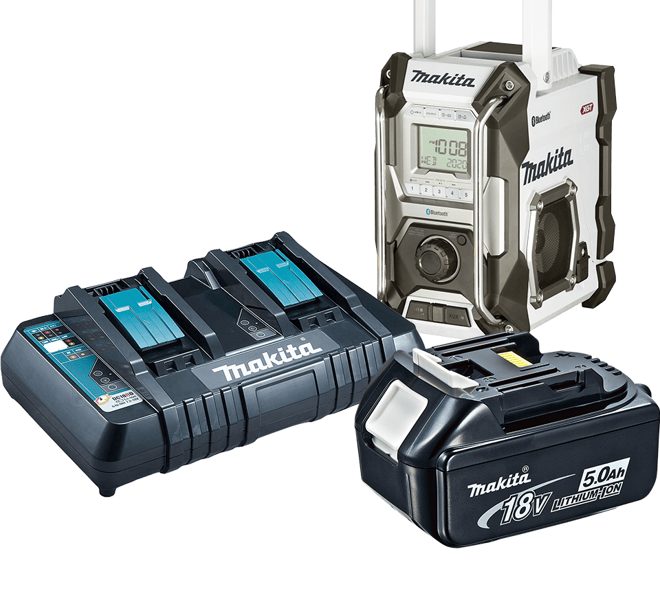 Makita cordless power tools set including a dual battery charger, a 18V Li-Ion battery, and a portable radio with a built-in battery.