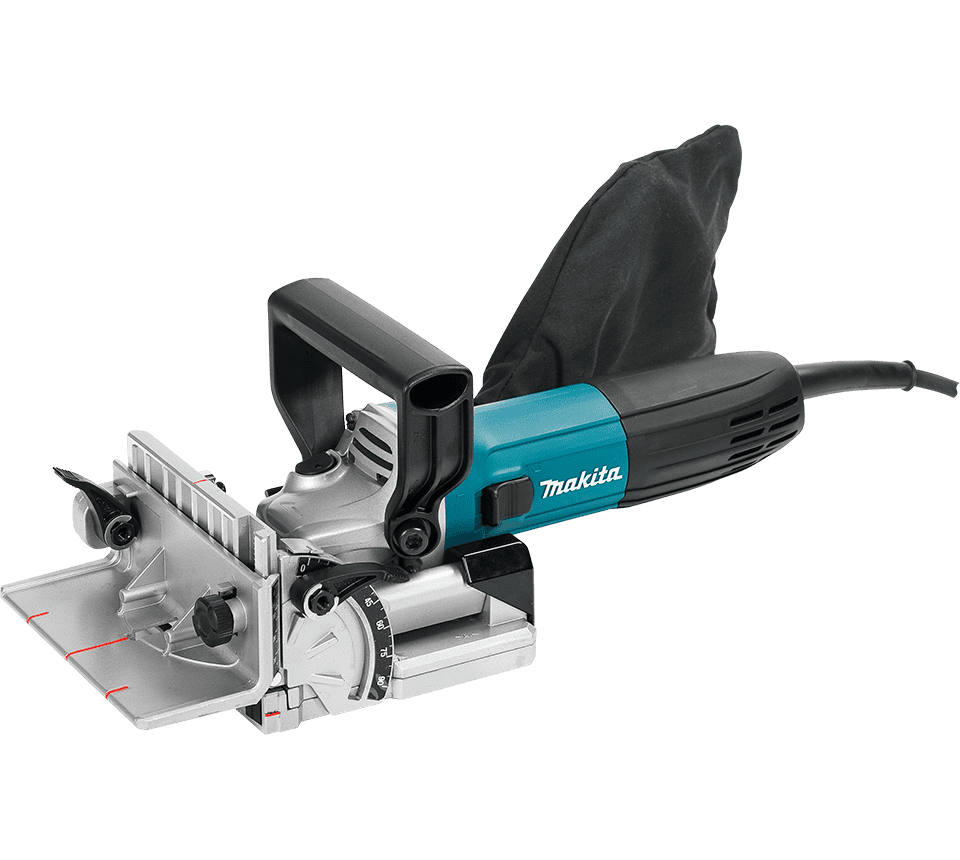 Makita biscuit jointer with a black dust bag, shown on a solid white background.