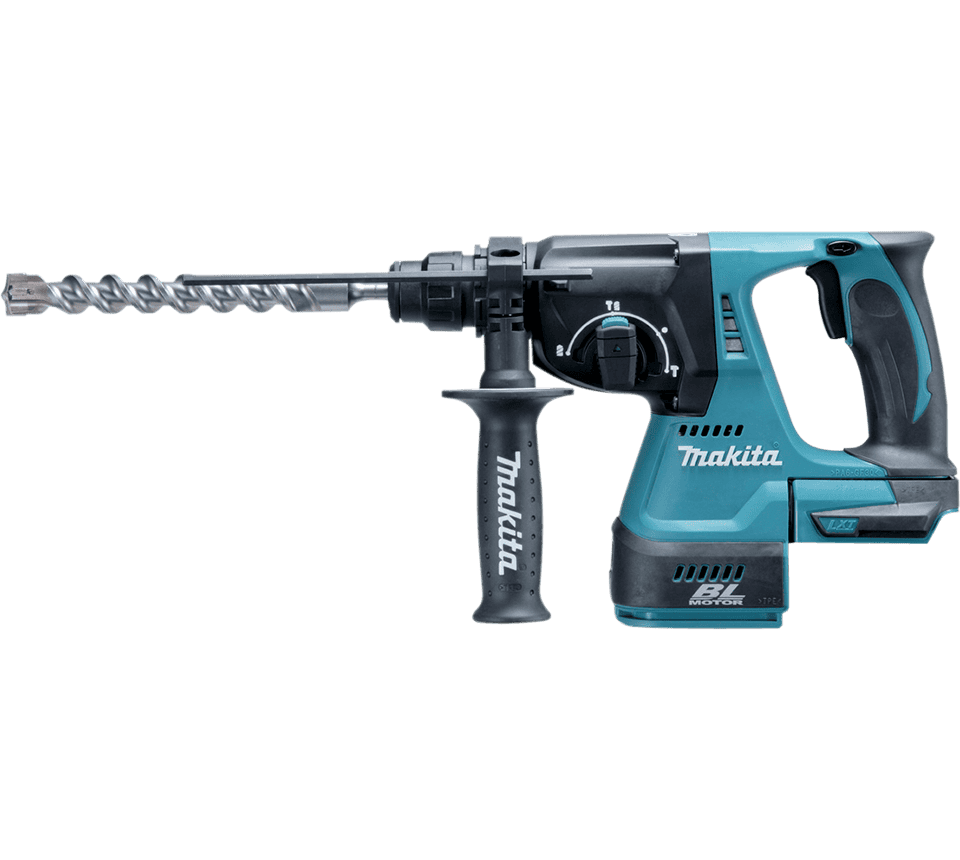 Makita XR2 cordless hammer drill with a spiral hole saw bit, featuring a teal and black body with a black handle grip and front support handle, shown on a solid white background.
