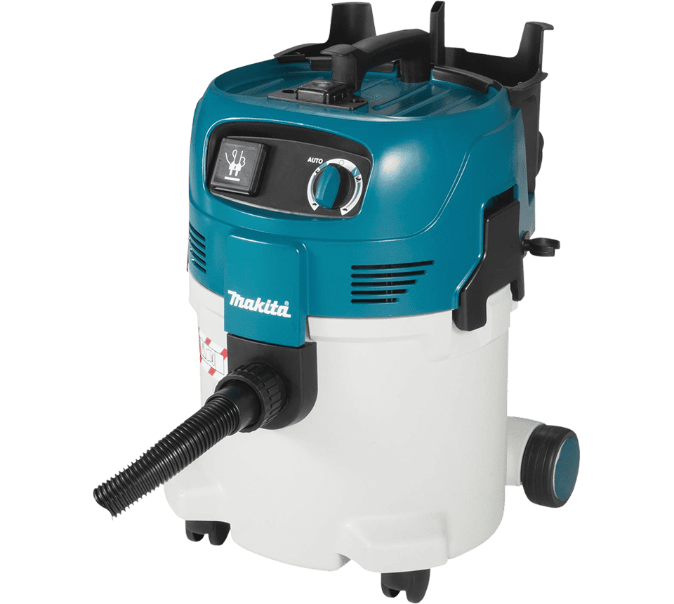 Makita wet dust collector with a teal blue top, white collection bin, black hose, and black wheels on a white background.