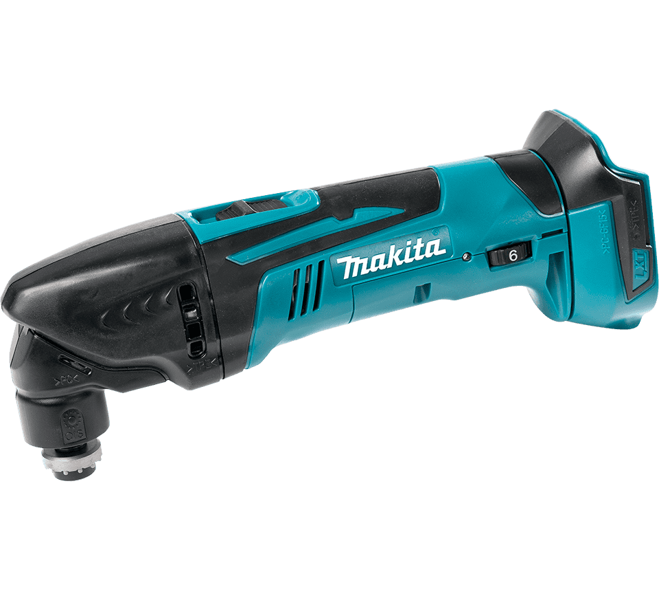 Makita cordless rotary multi-tool with a teal and black body, shown at an angle on a solid white background.