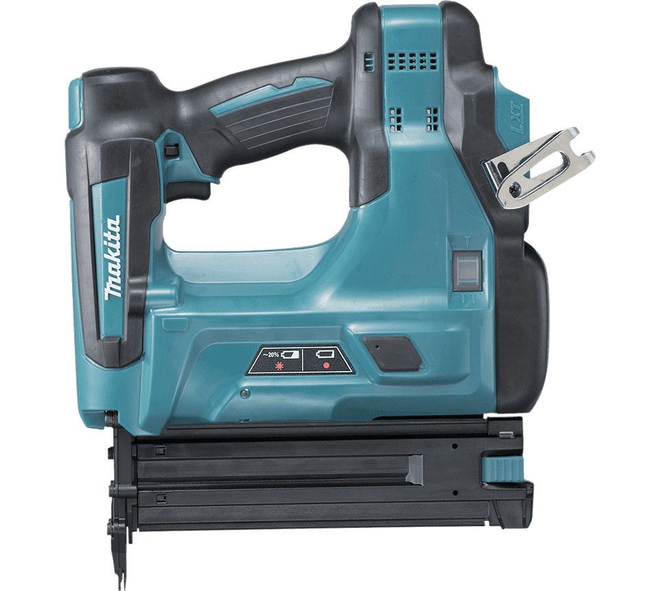 Makita 18V cordless nail gun with a teal and black body, featuring a metal guide rail and a silver metal guide clip, shown on a solid white background.