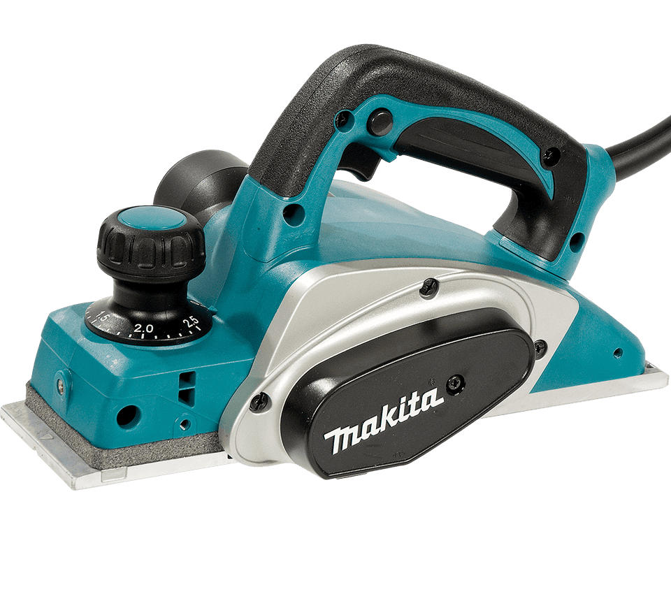 Makita electric planer with a teal and black body, silver guard, and adjustable depth dial, shown on a clean white background.