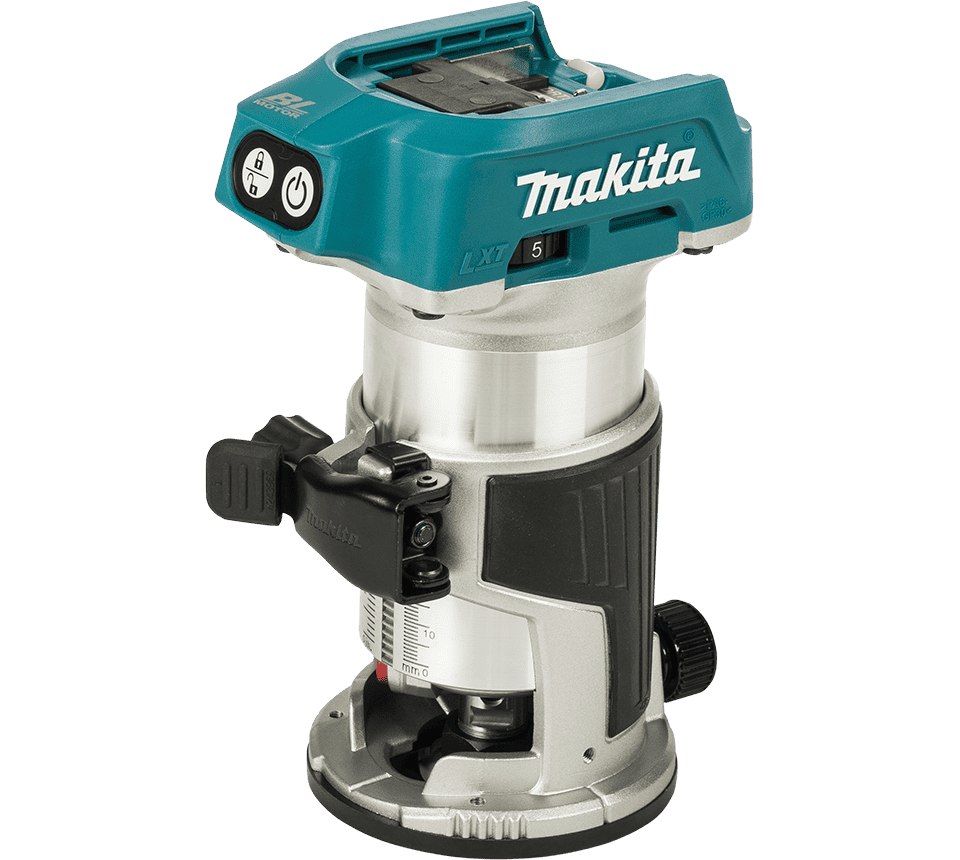 Makita LNX5 cordless router with a silver and black body and a teal battery pack on a white background.