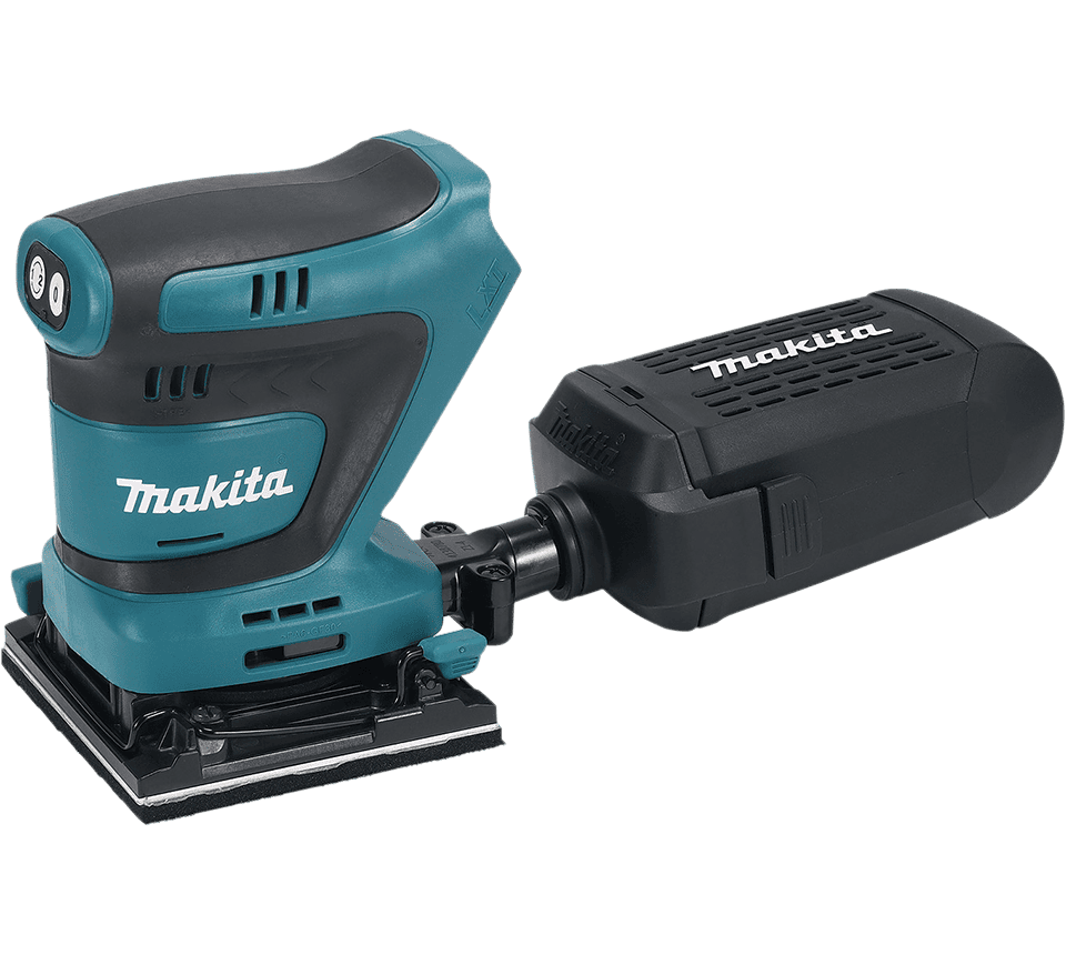 Makita cordless sanding tool with a teal and black body, shown with its black battery pack on a clean white background.