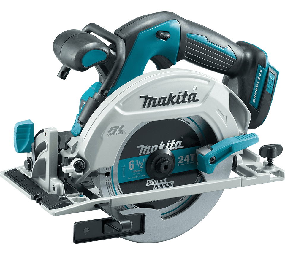 Makita cordless circular saw with a silver, black, and teal body, shown on a clean white background.