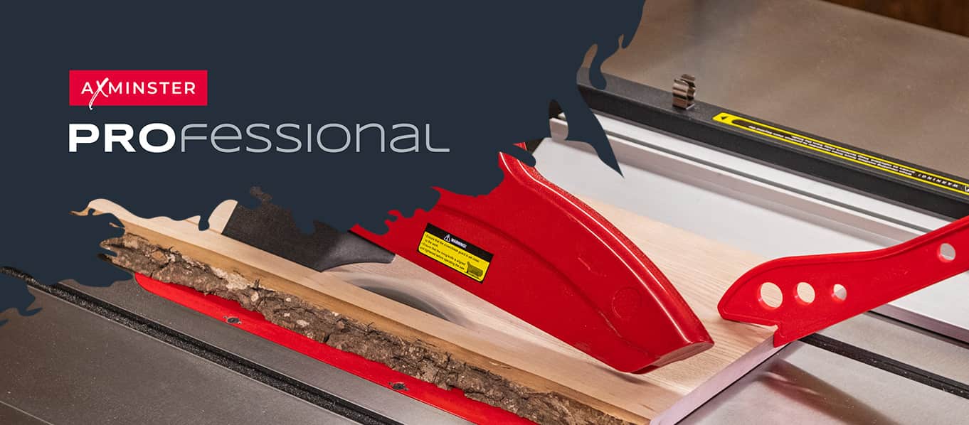 A close-up of a table saw with a red fence guide and a piece of wood being cut, featuring the AMINSTER Professional logo overlay on a dark blue background.