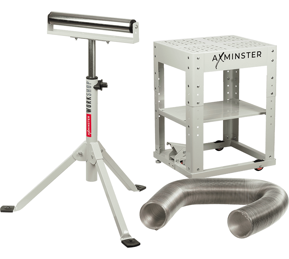 A white and silver AXMINSTER workshop tool set including a tripod stand with a horizontal bar, a three-tier wheeled cart, and a flexible metal duct hose, shown on a plain white background.