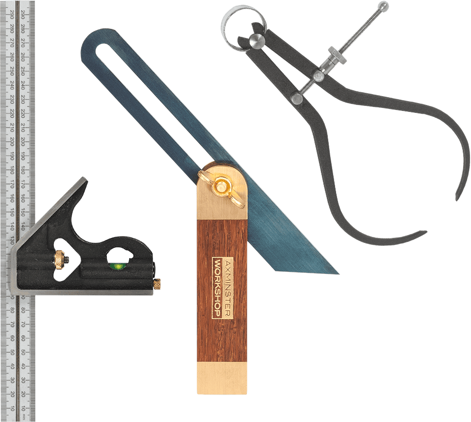 A set of woodworking and measuring tools on a plain white background, including a metal ruler, a square, a wooden and brass square ruler, a caliper, and a compass.