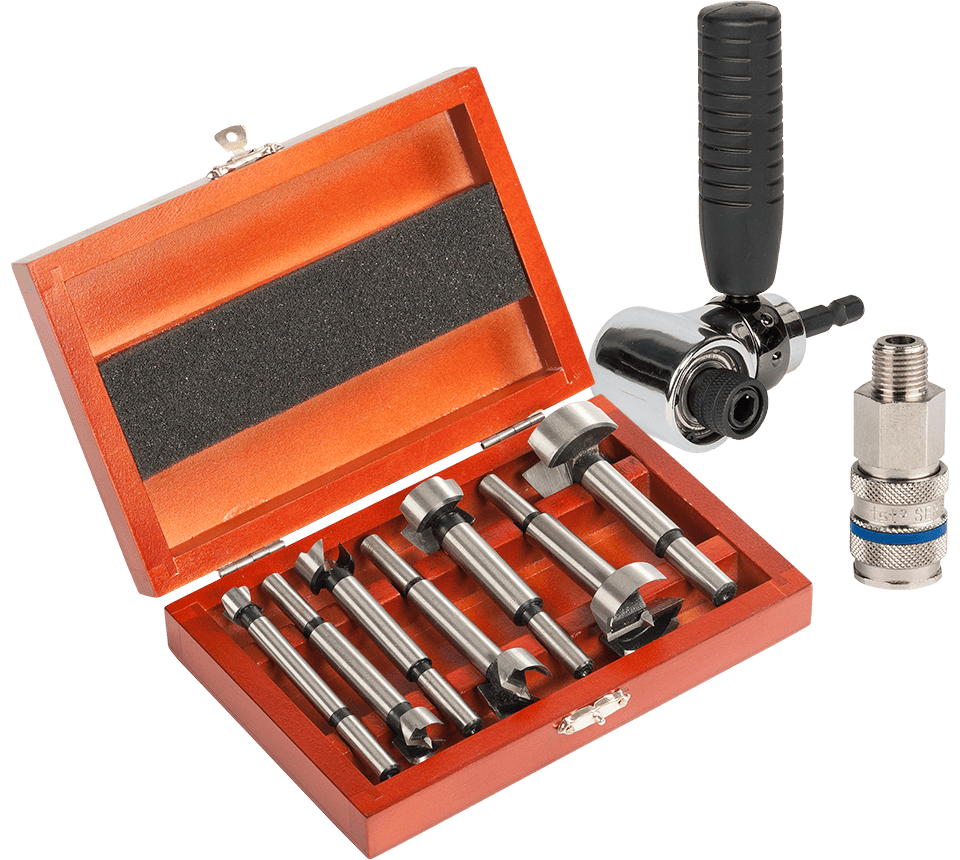 A metal tool set displayed with an open orange wooden case, a black-handled tool, and a small cylindrical connector on a plain white background.