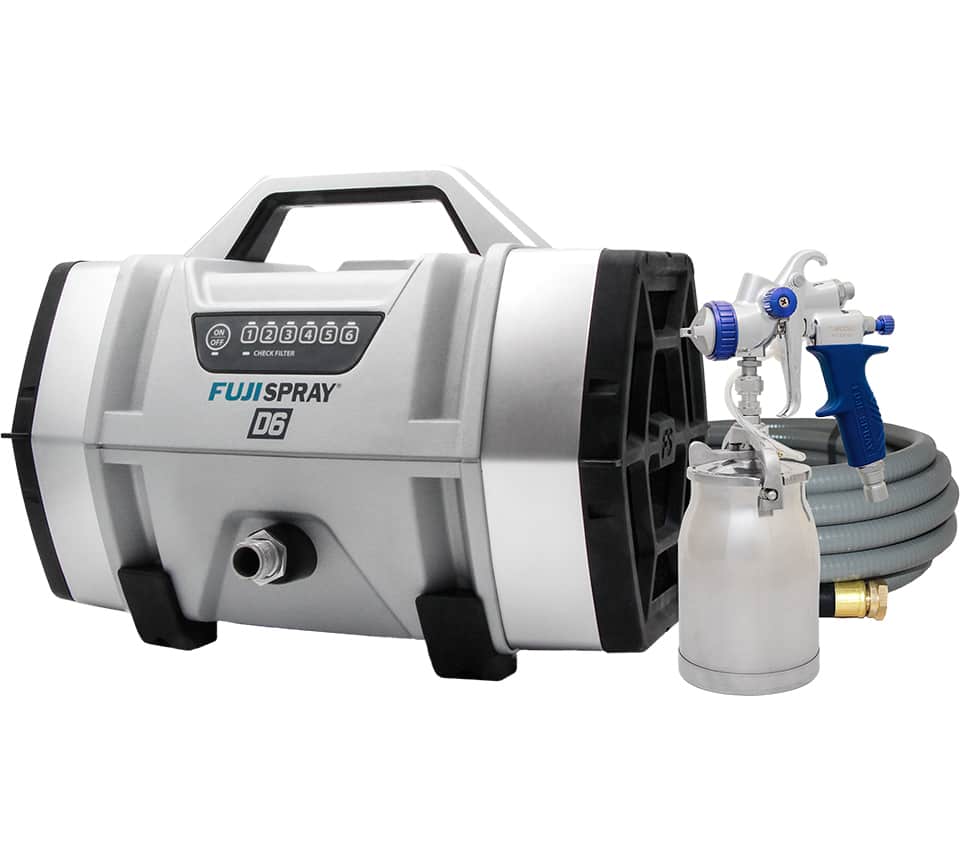 A silver and black FUJI SPRAY  paint sprayer machine with a blue and white spray gun, a grey hose, and a small metal paint can, shown on a white background.
