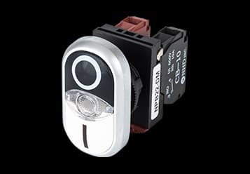 A compact electronic relay or switch component with a white oval front, black side housing, and a small red terminal block, shown on a solid black background.