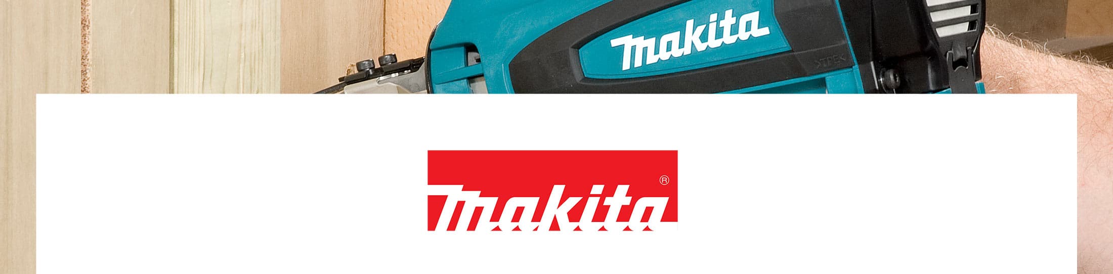 A Makita cordless tool partially visible above a large white banner with the red and white Makita logo. The tool body is teal and black, with a light wood background at the top.