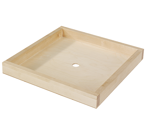 A square, light natural wood tray with a raised rim and a circular hole in the center, shown on a plain white background.