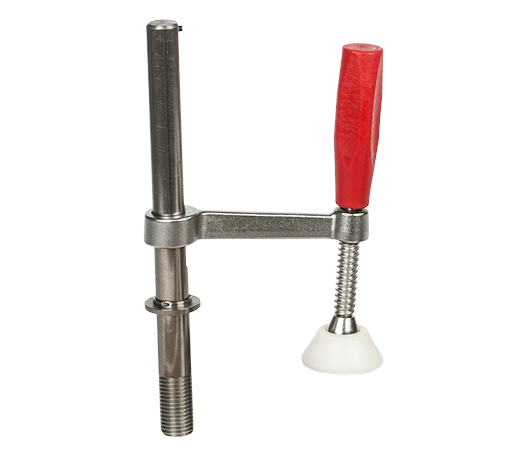 A metal clamp tool with a red handle and a white circular base, shown on a plain white background.