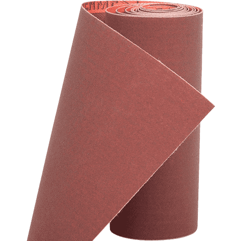 A roll of reddish-brown sandpaper or abrasive sheet material, partially unrolled to show the textured surface, isolated on a white background.