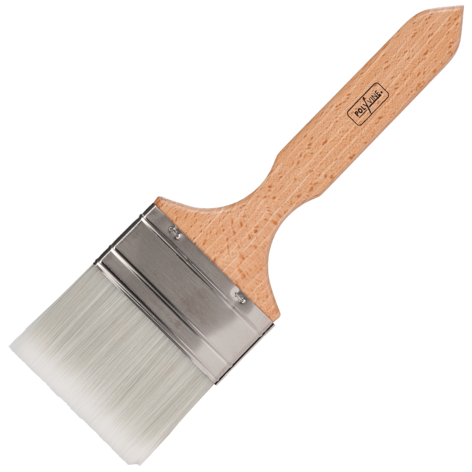 A wide flat paint brush with white bristles, a silver metal ferrule, and a light natural wood handle, shown diagonally on a solid white background. The brand name 'Ryde' is printed on the handle.