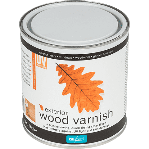 A can of POLYVINE exterior wood varnish with a white label featuring an orange oak leaf graphic, on a clean white background.