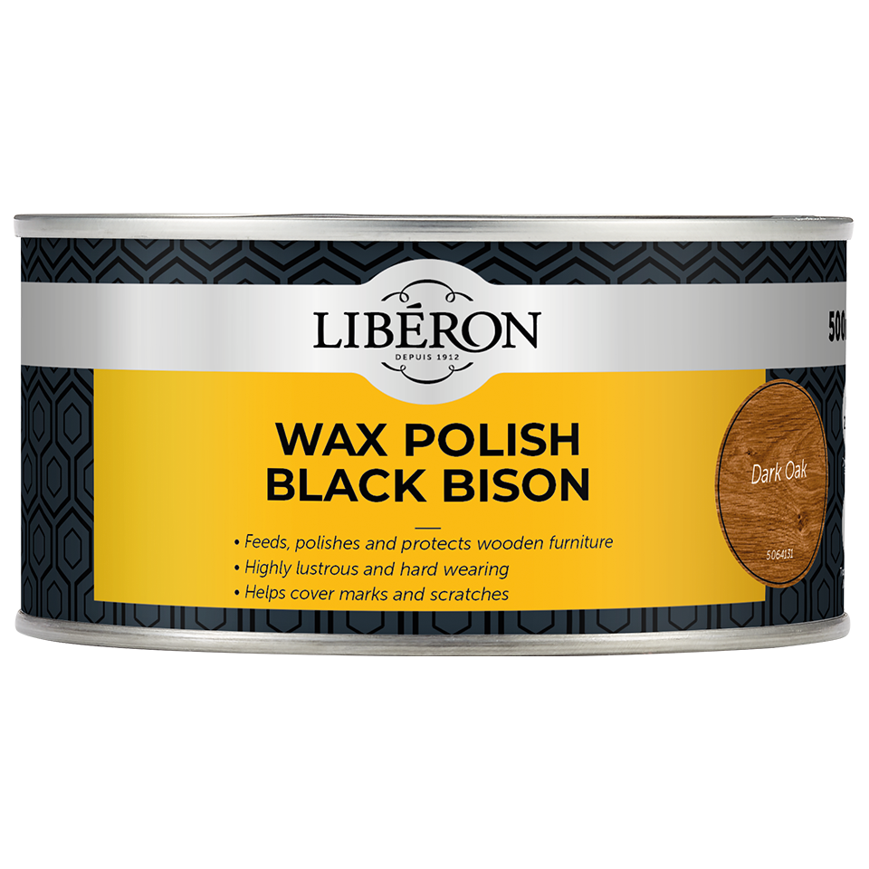 A can of Libéron Furniture Wax Polish in the shade Black Bison, featuring a yellow and dark patterned label on a white background.