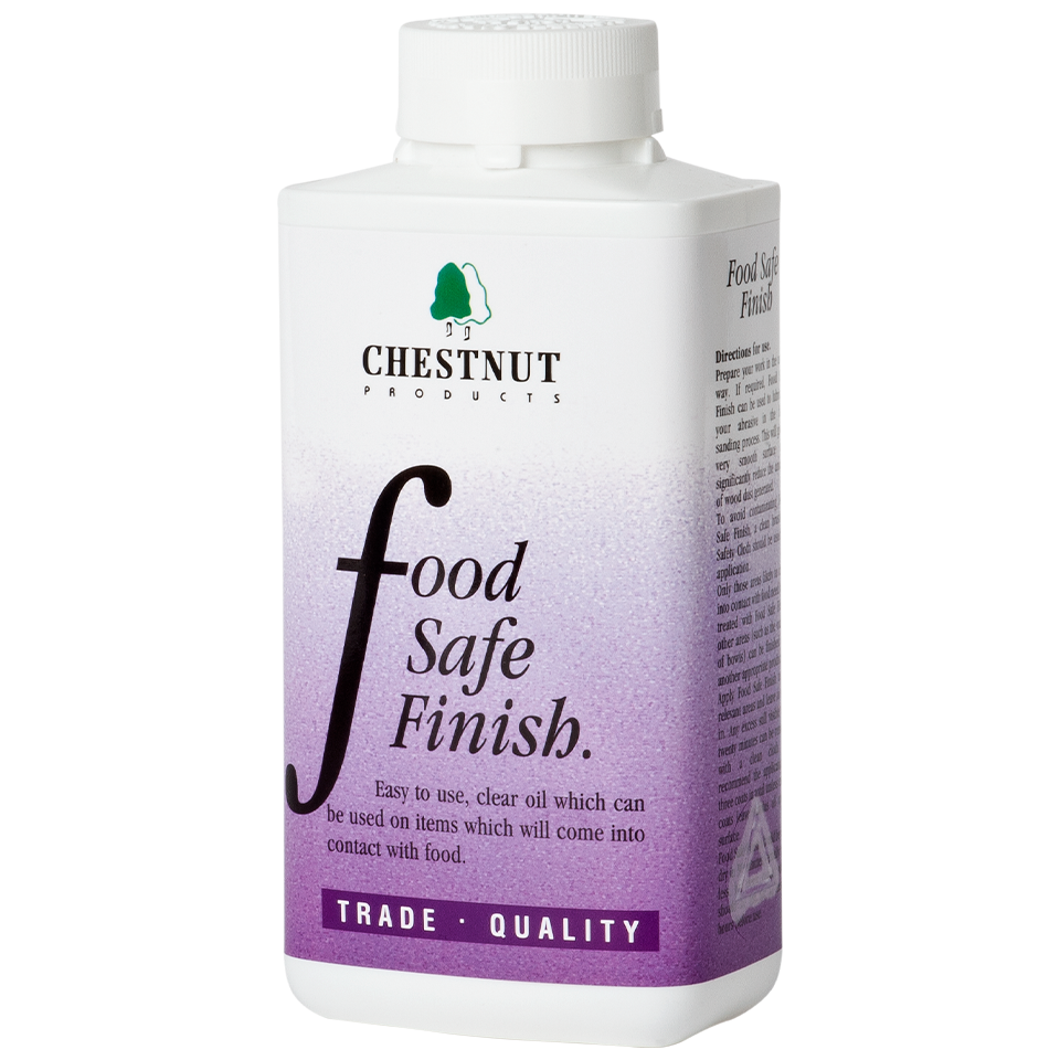 A white plastic bottle of Chestnut Products Food Safe Finish oil with a white cap, featuring a purple gradient label on a white background.