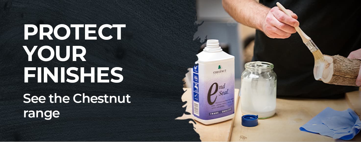 Promotional banner for End Grain wood consolidant showing a person applying a finish to a wooden object, alongside a bottle of End Grain and a glass jar on a workbench.