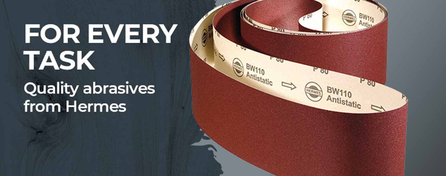 A coiled sheet of reddish-brown abrasive sanding belts with white backing, shown next to the text 'FOR EVERY TASK Quality abrasives from Hermes' on a dark blue-gray background.