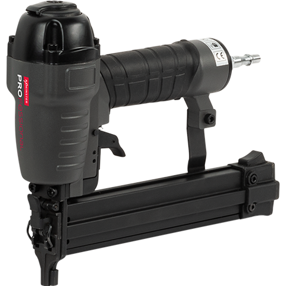 A black pneumatic nailer gun with a long metal nail gauge bar, shown on a plain white background. The brand 'PRO' is printed vertically in red on the side of the gun.