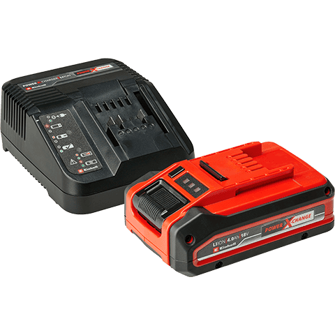 A cordless battery and its matching charger, both branded Einhell. The battery is bright orange and black, while the charger is entirely black.