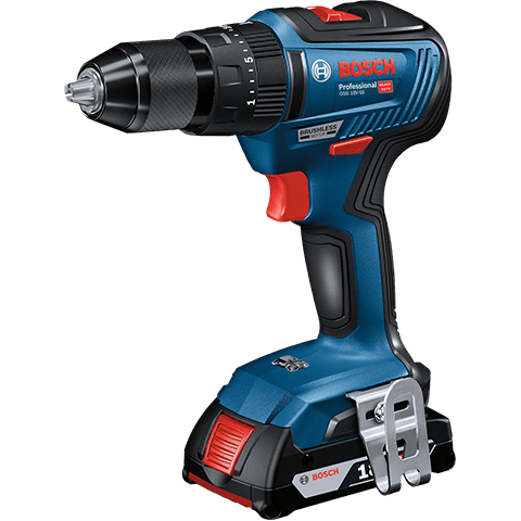 Bosch cordless drill driver with a blue and black body, red accents, and a matching blue and black battery pack on a white background.
