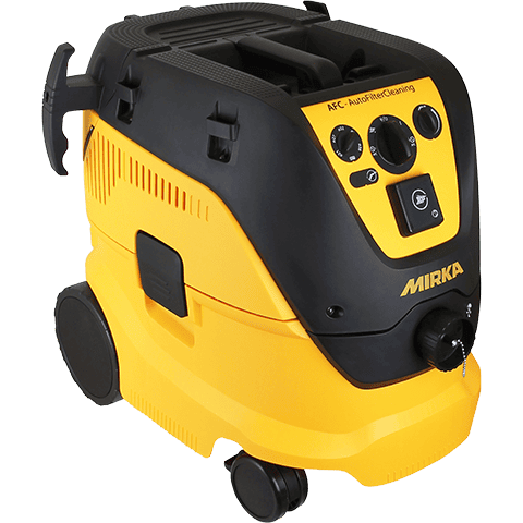 A Mirka automatic carpet cleaning machine in yellow and black, featuring a control panel with rotary knobs and a Mirka logo on the front, set against a plain white background.