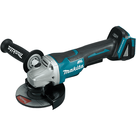 Makita BL cordless angle grinder with a black and teal body, silver metal housing, and a black guard, shown on a plain white background.