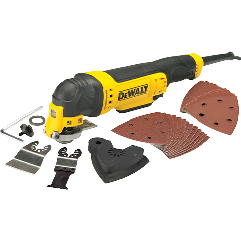 DeWalt multi-tool angle grinder kit with a yellow and black cordless grinder, multiple sanding discs, metal blades, a wrench, and mounting hardware on a white background.