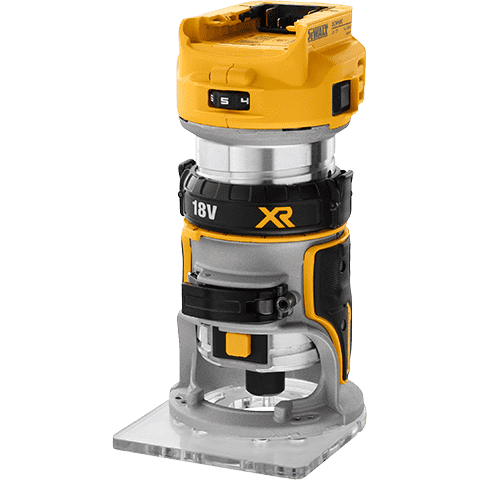 A DeWalt XR 18V cordless router with a gray and yellow body, shown on a solid white background.