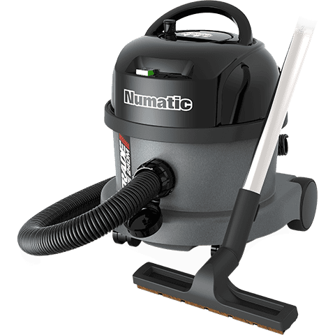 A Numatic wet/dry vacuum cleaner with a gray canister body, black top housing, flexible black hose, and a white-and-black wand with a floor nozzle, shown on a plain white background.