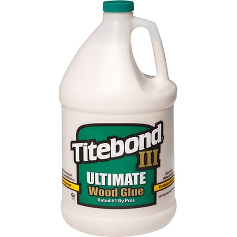 A one-gallon white plastic jug of Titebond III Ultimate Wood Glue with a green cap and a green, white, and yellow label, shown on a plain white background.
