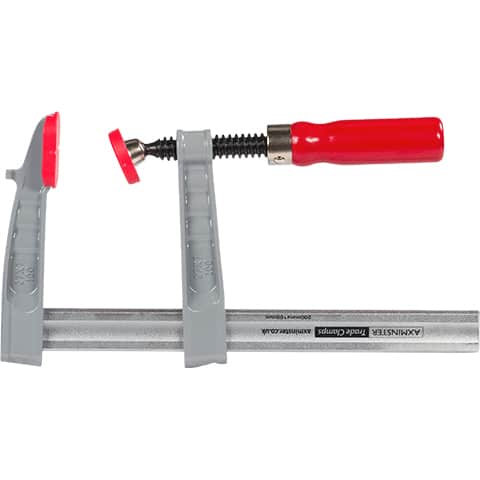 A grey and silver metal clamp tool with bright red plastic components and a red handle, shown on a plain white background.