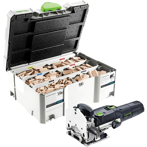 Festool DOMINO machine with a systainer case full of dominoes on a white background