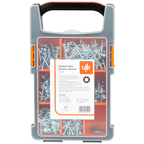 A grey plastic pocket hole screw organizer case with a black handle, orange latches, and a clear front window showing silver coarse pocket hole screws organized in compartments. A white and orange UJK label is attached to the front.