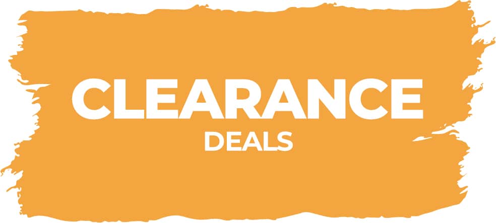 An orange paint-splatter style graphic with the words 'CLEARANCE DEALS' in large white text on a white background.