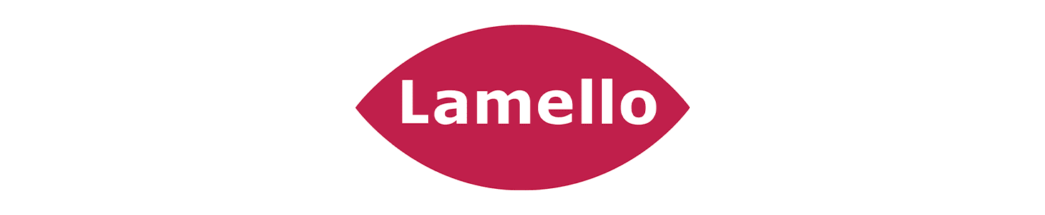 The Lamello logo, featuring the brand name in white sans-serif text inside a dark pink teardrop-shaped badge on a solid white background.
