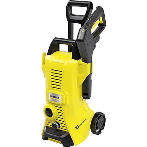 A Kärcher high-pressure washer in bright yellow and black, featuring a carrying handle, hose connection port, and caster wheel, shown on a solid white background.